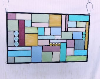Patchwork Quilt Stained Glass Panel, Stained Glass Transom, Window Treatment, Glass Window Valance, OOAK Glass Art in Pastels and Textures