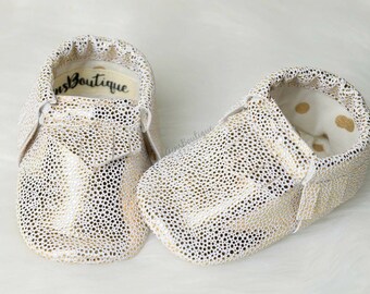 Baby moocs, -baby moccasins, -Gold Moccs, -White & Gold Moccs, -Fringe Moccs.