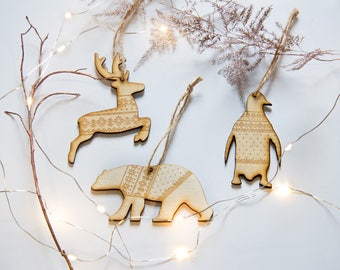 Christmas Tree Decorations, Wooden Christmas Decorations, Scandi Christmas Tree Decorations, Polar Bear, Reindeer, Penguin in a Jumper