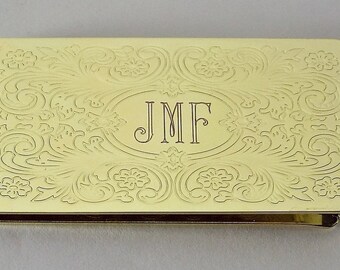 Custom Engraved Money Clip Personalized Gold Tone with Scroll Design -Hand Engraved