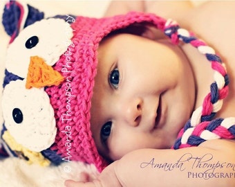 Purple and Pink Owl hats, Crochet baby hats, Newborn to 6 mnth, Baby girl Owl hats, Owl hats for girls