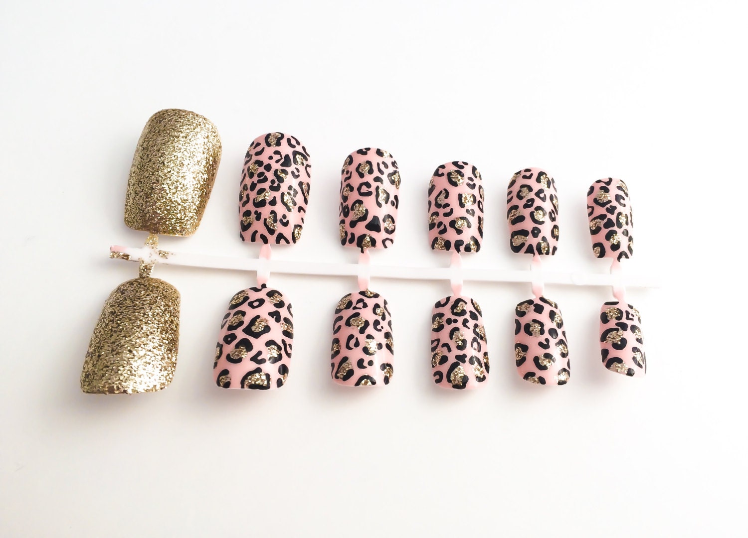 Glitter False Nails Cheetah Acrylic Nails Gold Fake Nail Set