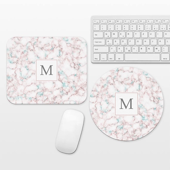 Marble Monogram Mouse Pad Custom Mouse Pad Monogrammed Mousepad Personalized Mouse Mat Round Circle Rectangle Rectangular Pink Aqua