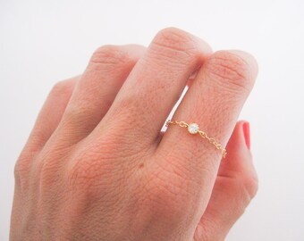 tiny ring // delicate 14k gold filled chain and tiny cz diamond, tiny gold ring, thin gold ring, simple gold cz ring