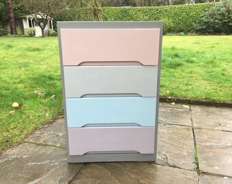 Hand painted small chest of drawers in grey & pastels