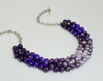 Purple Ombre Cluster Necklace, Shades of Purple Bridal Jewelry, Wedding Necklace, Ombre Pearl Necklace, Ombre Jewelry, Bridesmaid Gift