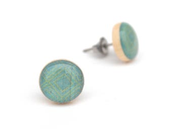 Blue Wood Stud Earrings, Hypoallergenic earrings, Gift for her