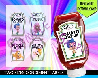 Nick Jr. Bubble Guppies Gil, Molly, Mr. Grouper, and Bubble Puppy, Heinz Condiment Bottle Labels Party Decoration - Instant Download
