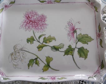 Hand painted porcelain rectangular tray: Chinese chrysanthemums pink and white pattern