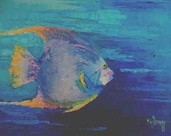 Tropical Fish Painting, Fish Palette Knife Painting, 9x12x.75" Original Beach Decor, Free shipping in US