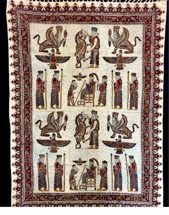 Block printed tablecloth, ahura mazda cyrus the great, natural dyes, wall decor, natural textile with tassels