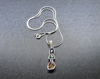 925 Silver Handmade Pendant With Natural Tourmaline and Rough Sphene Gemstones Alongwith Silver Chain
