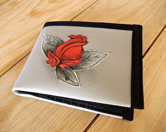 Red Rose, Flower, Handmade Personalized Wallet, Hand Painted, Vegan Friendly, Vegan Leather, Ladies Leather Wallet, Boho, UNUSUAL