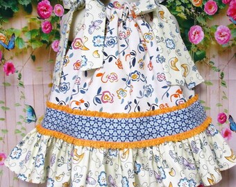 SALE-SALE Baby Girls Dress, Girls Dress 12M/18M Cream Blue Floral Pillowcase Dress, Pillow Case Dress, Sundress, Boutique Dress