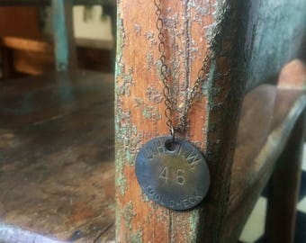 vintage brass tool check tag necklace