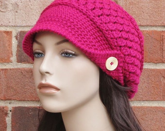 Crochet Newsboy Hat - Magenta Hot Pink Hat - Womens Slouchy Newsboy Beanie Hat - Winter Brimmed Slouchy Hat // THE FINLEY //