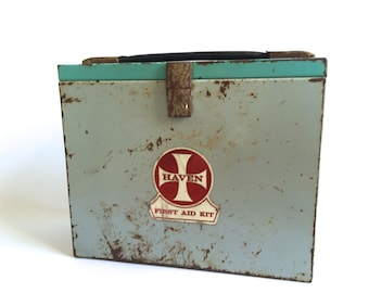 Mid century First Aid Box- industrial, turquoise