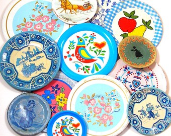 SALE 13 Tin Toy tea saucers in blues. 1950s graphics. Instant Collection. Ohio Art Co. Vintage Decor.