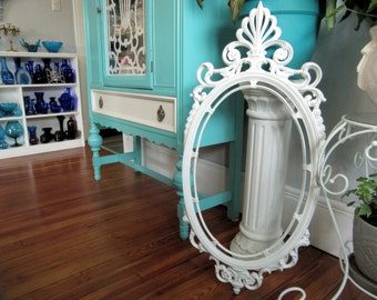 Large White Ornate Picture Frame 37" x 16 1/2" ~Vintage Syroco Wall Mantel Mirror Frame Shabby Cottage Chic~Wedding Menu Seating Chart Frame