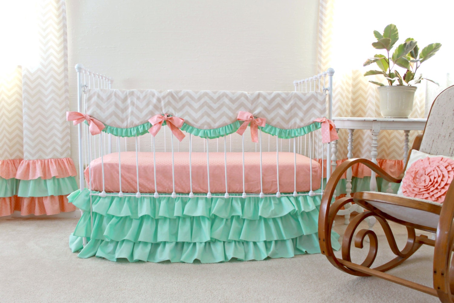 Mint Peach Crib Bedding Bumperless Baby Girl Bedding Peach