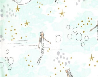 Sarah Jane Mermaid Fabric - Michael Miller Magic - Narwhal Fabric - Metallic Fabric - Mermaid Mist - Fabric by the Yard - Aqua Ocean Fabric