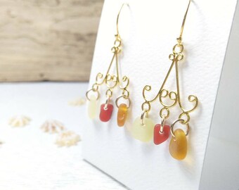 Chandelier Earrings// Genuine Sea Glass// Red, yellow + caramel// Sea Glass Earrings// Red Sea Glass// Rare Seaglass// Sea Glass Jewelry