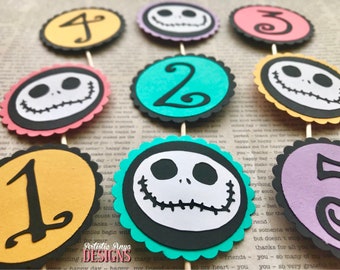 Nightmare Before Christmas Cupcake Toppers Set of 12 – Jack Skellington Birthday - Birthday Age - Black White Coral Teal Lavender Marigold