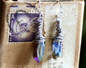 Strung-Out guitar string titanium crystal point earrings