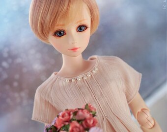 1/4 MSD bjd clothes / parabox obitsu / 45-47 dolls reglan cute kawaii beige frill tunic dress / mori style with lace and beads