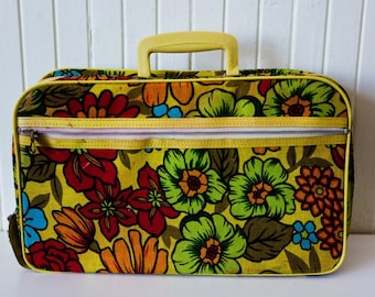 Vintage 60's Yellow Flower Power Suitcase/ Mod 60s-70s Floral Overnight Bag