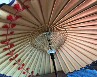 Vintage Asian bamboo parasol , with silk case