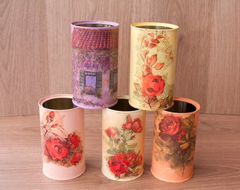 Romantic Shabby Chic Decor Embellished Tin Can Decoupage Provencal Style Lavender Flowers Vase Table Party Decorations Centerpiece