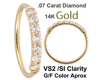 Diamond 14k Yellow Gold Nose Hoop 20G 5/16 8mm 7 Hand Set - Prong Set 1.5MM VS2/SI Diamond (Made in USA)