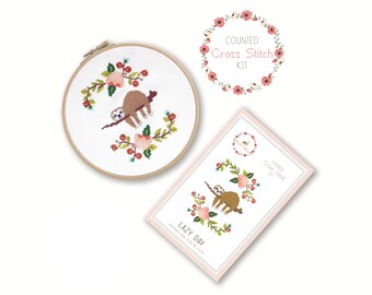 Counted Cross Stitch Kit - Lazy Day / sloth cross stitch pattern, craft kit, embroidery, gift, fun, dmc, supplies, handmade, sloth baby gift