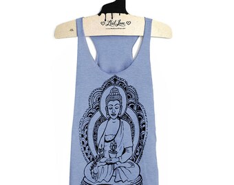 Medium -Tri-Blend Light Blue Racerback Tank with Buddha Screen Print