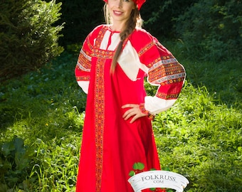 Traditional russian long sleeve linen sarafan