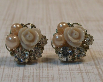 Pink rose and rhinestone earrings