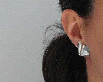 Folded earrings sterling silver earrings leaf earrings vintage earrings handmade earrings geometric earrings large earrings - amejewels