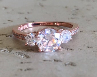 Rose Gold Anniversary Ring- Three Stone Ring- Alternative Engagement Ring- Rose Gold Promise Ring- Womens Engagement Ring
