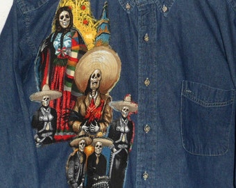 Day-Of-The-Dead Size 2X Shirt Dia de los Muertos Shirt Mariachi All Souls Day Fabric Art Shirt Gift for Him One of a Kind Design