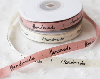22m Roll of Satin 'Handmade' Ribbon Pink or White 1cm x 22m