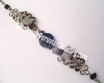 Round Black Onyx Alpaca Silver Curls Bracelet Peruvian Jewelry - Handmade in Peru