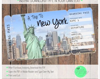 Printable Ticket to New York Boarding Pass, Customizable Template, Digital File - You Fill and Print