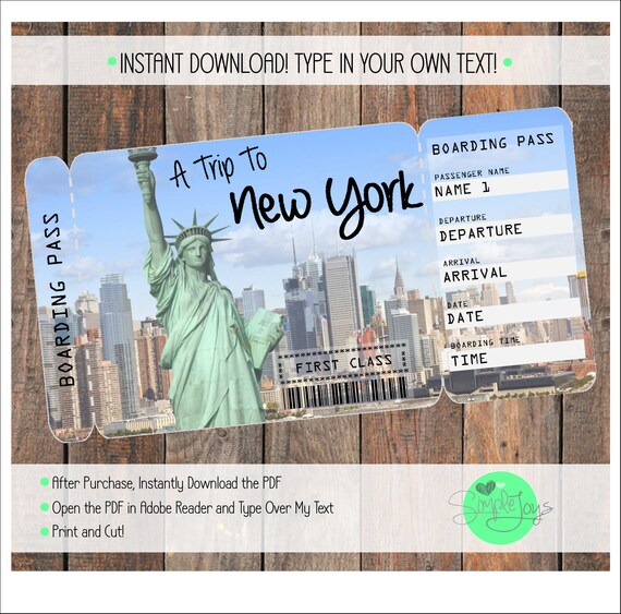 Printable Ticket to New York Boarding Pass Customizable