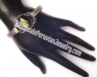 Light-Green Serpentine Alpaca Silver Bracelet Peruvian Jewelry - Handmade in Peru