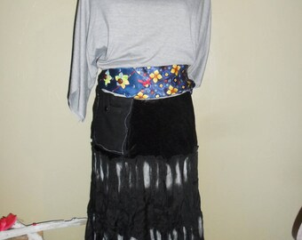 Recycling skirt and top, black, silver. tie sash