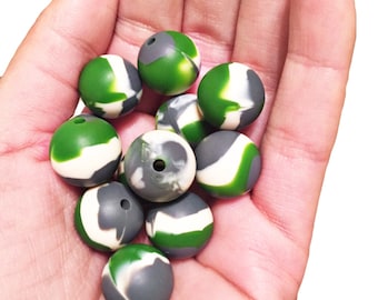 Pack of 5 - 15mm Army Camo Loose Silicone Beads - BPA free Chew Beads - Supplies for Silicone Teething Necklace - DIY Teething Necklace