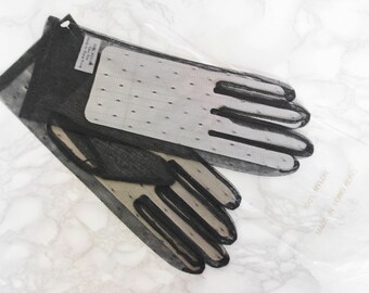 Gothic Vintage Gloves • Black Wedding Gloves • Polka Dot Sheer Mesh Gloves Women • New Old Stock • 50s Style Nylon Gloves. Size 7