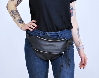 Black Leather Large Fanny Pack Oversize Bum bag Travel purse Money belt Voyage bag Hip bag X-Large bumbag, XL bumbag