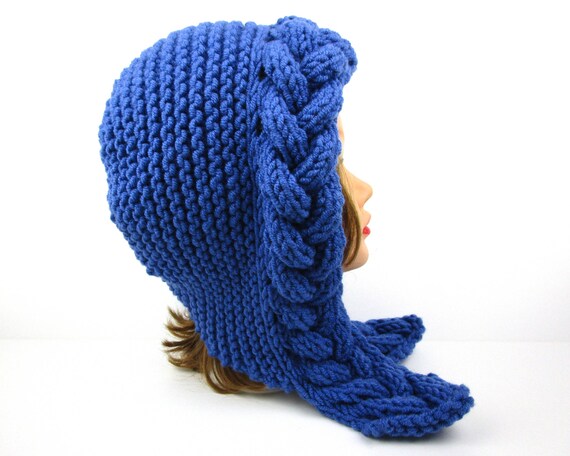 Cable Knit Hat Hood Hat Blue Bonnet Chunky Hood in